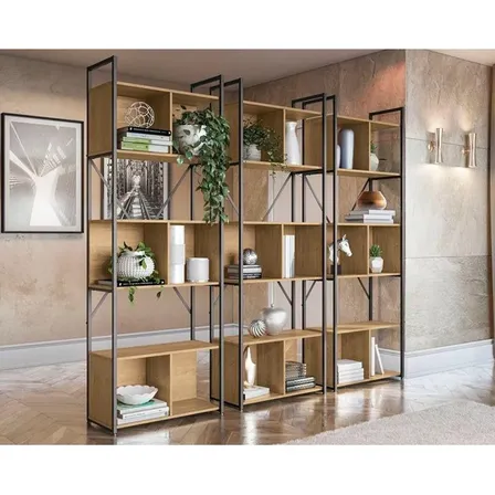 Estante P/sala Industrial Li014 Kit 3 Un Aço Madeirado 72x20 Freijo/preto