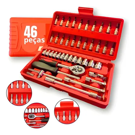 Foto de Kit Profissional 46 Peças Aço CRV Completo Com Maleta Soquete 1/4 Chave Catraca Para Carro Moto Casa