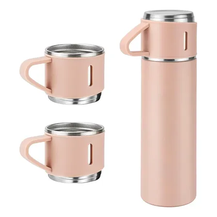 Kit Garrafa Térmica Inox 500ml Com 3 Xícara Garrafas De Café Rosa