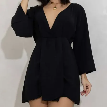 Vestido Feminino Curto Soltinho Social Manga Flare Dori Preto Único