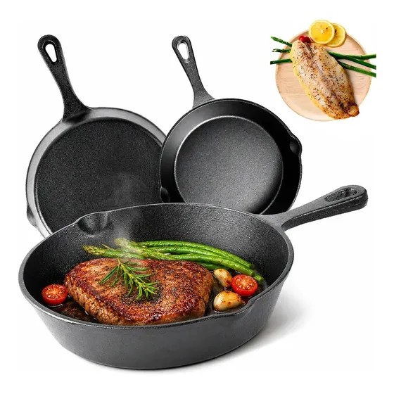 Set De 3 Sartenes 3 Hierro Fundido 16 20 Y 25cm Fierro Negro Negro