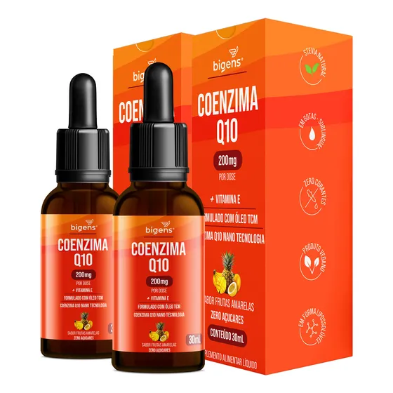 Kit C/ 2x Coenzima Q10 200mg Em Gotas Nano Tecnologia, Formulada Em Óleo Tcm + Vitamina E, Sabor Frutas Amarelas | Bigens