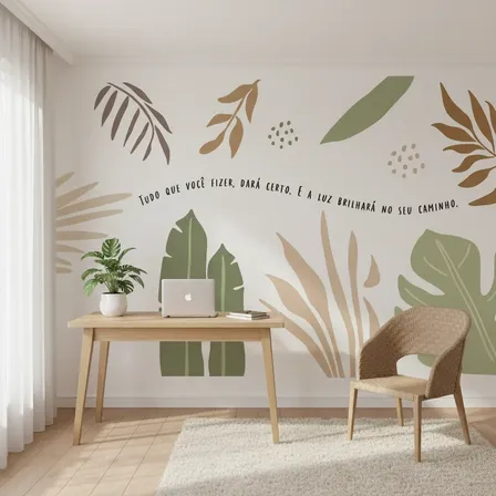 Adesivo Parede Orgânico Floral Folhagem Bananeira Frase Bf60 Colorido