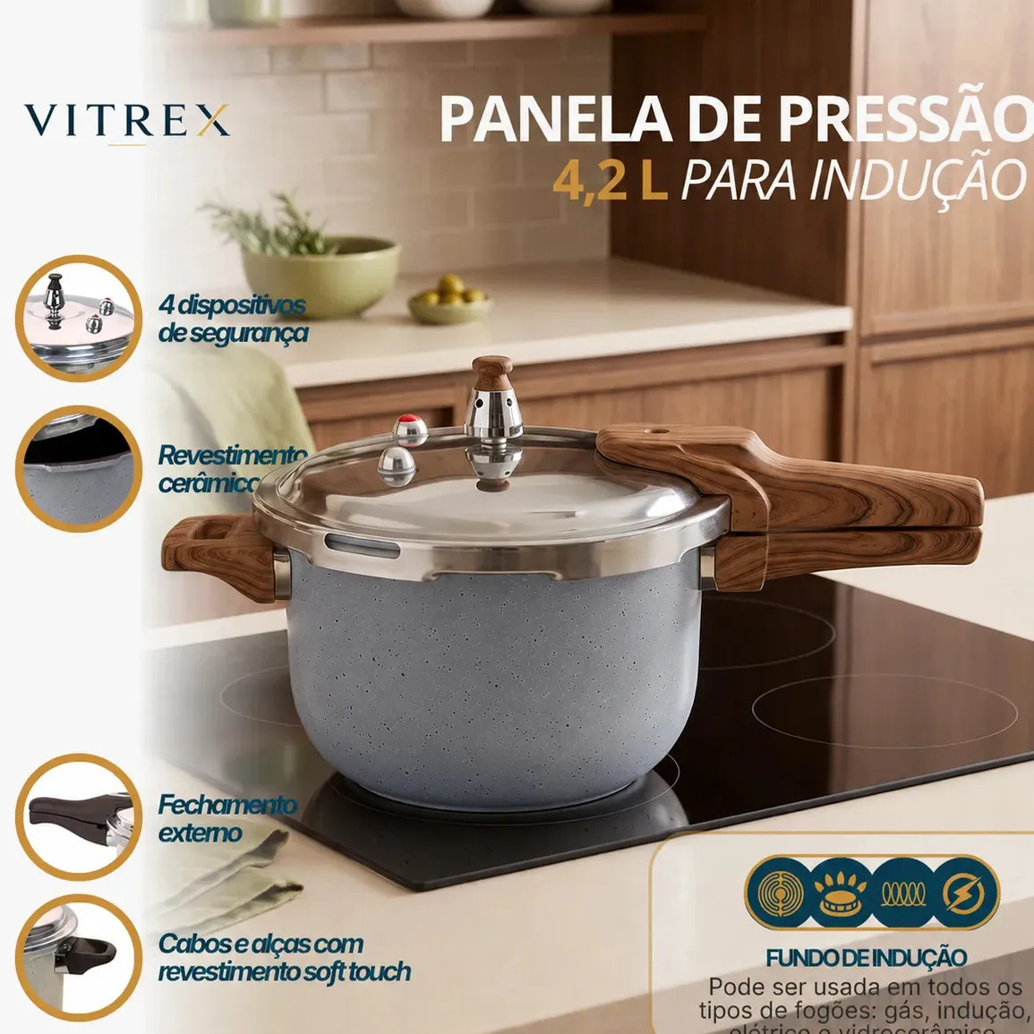 Panela De Pressão Indução 4,2L Revestimento Ceramico Antiaderente Com 4 Valvulas De Segurança Fechamento Externo, Cabos Soft Touch Vitrex Cinza Granito