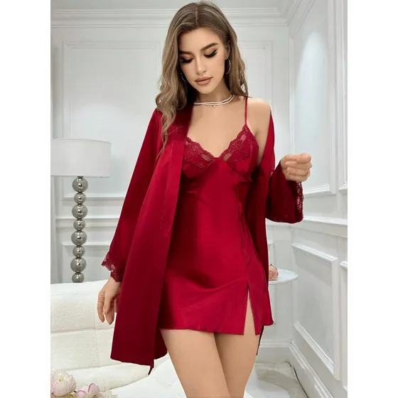 Pijama Con Bata Y Vestido Lencero Con Ribete Encaje Lenceria