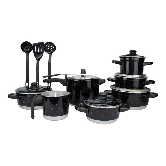 Jogo De Panelas + Panela De Pressão 4.5l + Espátulas Rosa Cor Preto Liso