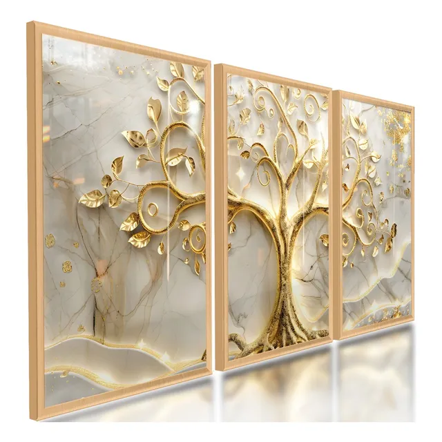 Quadros Decorativos Árvore Da Vida Dourada Branco Kit 122x60