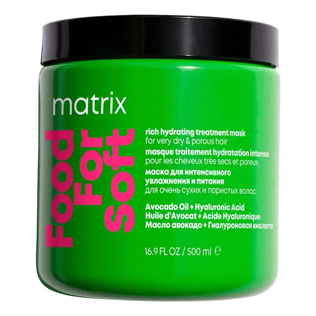 Pote de máscara de hidratação Matrix Food For Soft de 500ml com embalagem verde vibrante e tampa preta