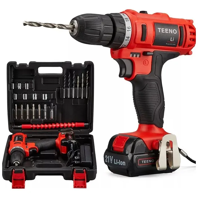 Taladro Atornillador 5816-1 Teeno Estuche Con Batería 3,000 mAh 1x21v Color Rojo Potencia 55.5 W