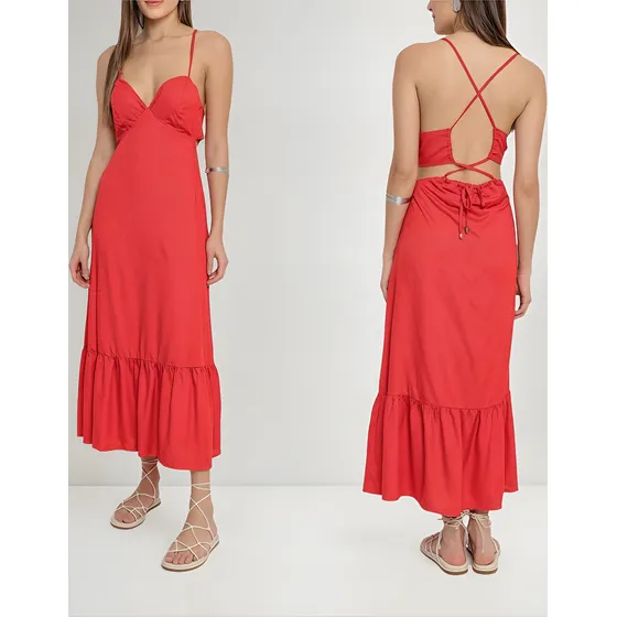 Vestido Midi Liso Com Decote Vermelho Mercatto