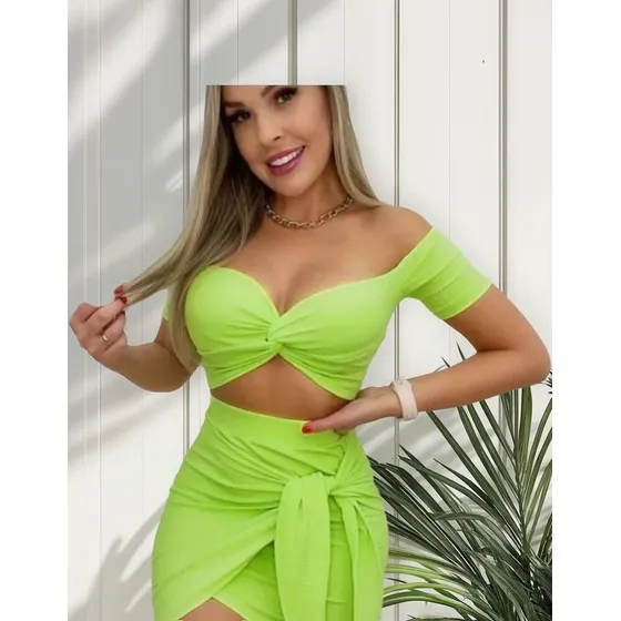 Conjunto Feminino Cropped Saia Canelado De Amarrar Ciganinha