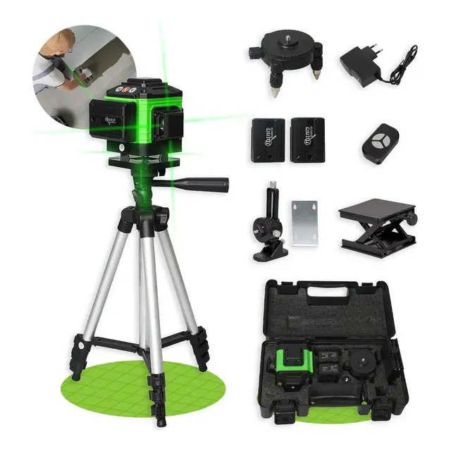 Kit Nível A Laser Verde 12 Linhas Esquadro + Suporte + Tripé