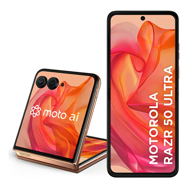 Smartphone Motorola Razr 50 Ultra - 512GB 24GB (12GB RAM+12GB Ram Boost) Tela dobrável 6,9" pOLED e externa 4” Moto AI camera IPX8 - Peach Fuzz