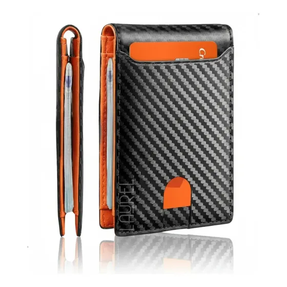 Carteira Masculina Mágica Pequena Slim Antifurto Rfid Luxo Cor Preto Desenho Do Tecido Fibra De Carbono