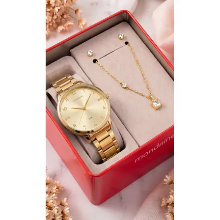 Kit Relógio Mondaine Feminino Dourado Fundo Champanhe 5 Atm Dourado Champanhe