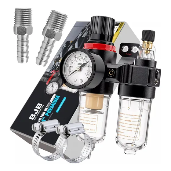 Filtro Eliminador De Água E Óleo C/ Regulador De Pressão 1/4 Com Manômetro, Conectores, Abraçadeiras Compativel Com Compressores E Outros