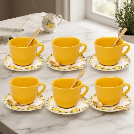Jogo Lyor Limão Siciliano 12 A 30 Pçs Pratos Xicara Cerâmica 12 Pçs - 6 Xicaras 260ml E 6 Pires Grátis 6 Colheres Sobremesa Gold Chá/café Limão Siciliano