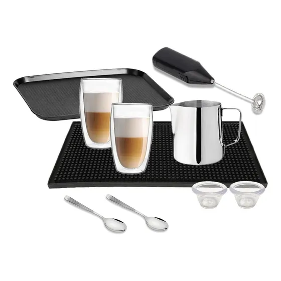 Set Barista #5 Vaso Doble Vidrio Café Espumador Leche
