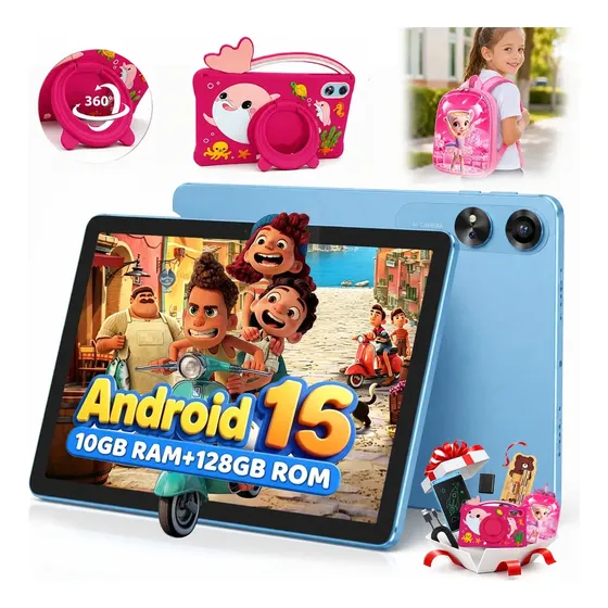 Tablet para Niños Xgody 10+128GB Android 15 Certificado Google GMS Pantalla HD 10.1 pulg 5000mAh Control Parental, Kit Educativo 5 en 1 + Funda