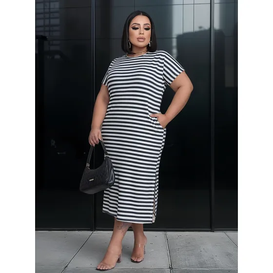 Vestido Midi Listrado Com Fendas Nas Laterais Plussize