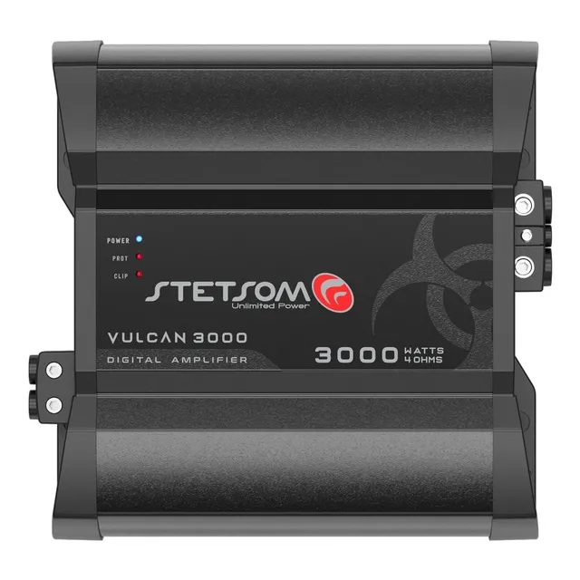 Módulo Stetsom Vulcan 3000 4 Ohms Amplificador Mono Full Range 10Hz ~ 22KHz RMS em 1 Ohm Entrada RCA 1 Canal 3000W em 12.6v e 3500W em 14.4v com HPF e LPF