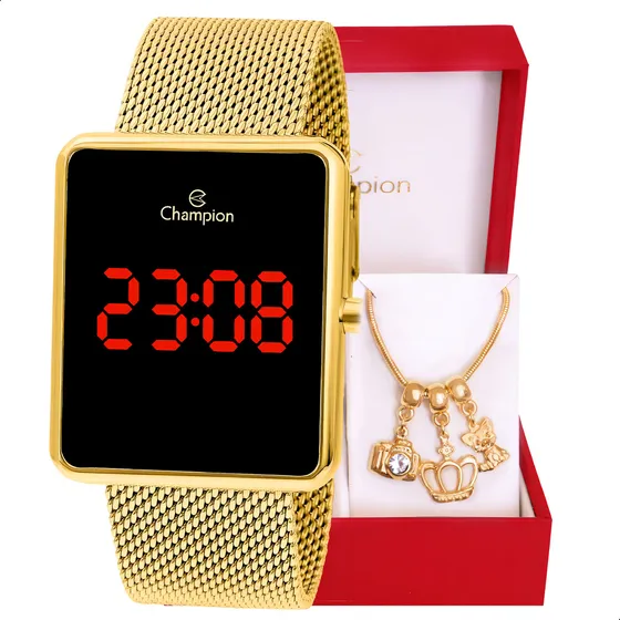 Relógio Feminino Champion Digital Dourado Ch40083 + Pulseira Fundo Preto
