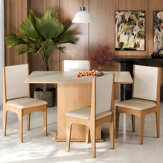 Conjunto Sala De Jantar Mesa Tampo Em Madeira Com 4 Cadeiras Estofadas Para Cozinha Compacta