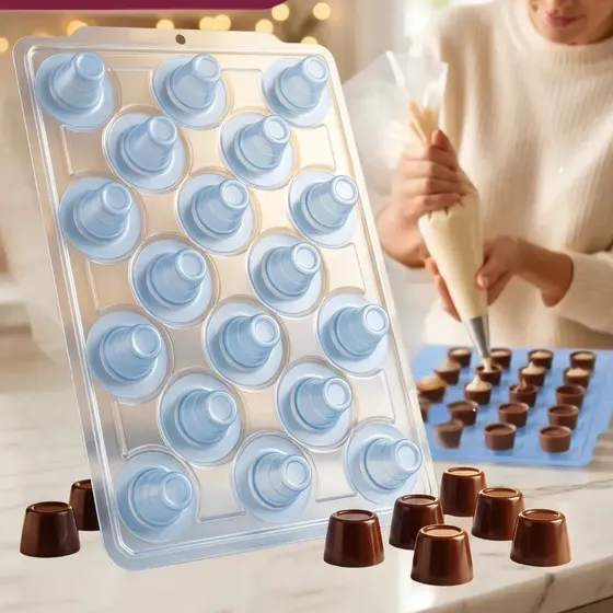 Forma Silicone Copinho Licor Bombom Chocolate Formas 18 Cavidades 3 Partes Antiaderente Reutilizável
