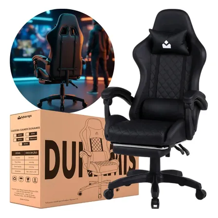 Cadeira Gamer Ergonômica Dunamis Preta Marqs Home Reclinável Apoio De Pernas Almofada Pescoço Lombar Base Giratória Preto Courino Sintético