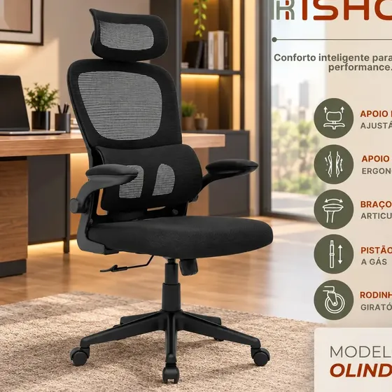 Cadeira Escritório Ergonômica Mesh Giratoria Reclinavel Olinda Plus RSH650 Rishon Cor Preto Com Suporte Lombar Estofado