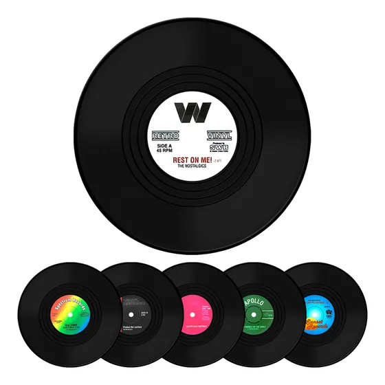 Set 6 posavasos en forma de disco vinilo para mesa vintage color negro
