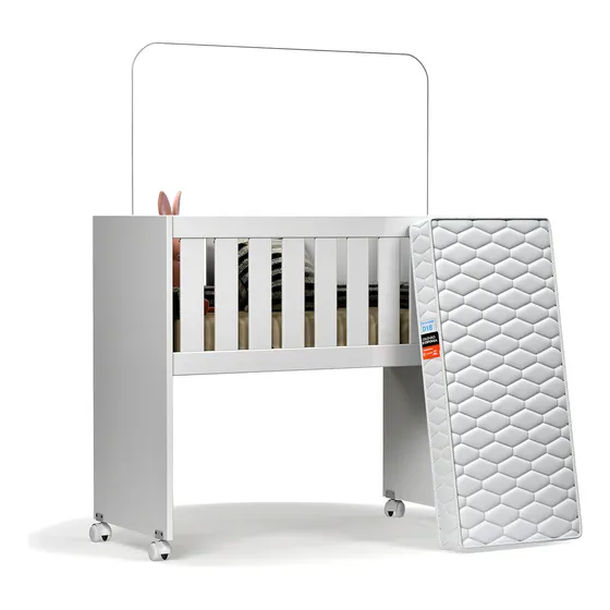Mini berço com colchão e suporte mosquiteiro infantil kids criança quarto 94cm x 80cm cor branco