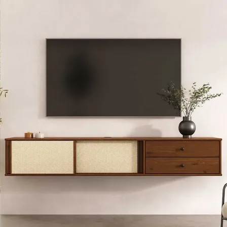 Rack Suspenso Rattan Tv 75 Madeira Minimalista Simona Castanho