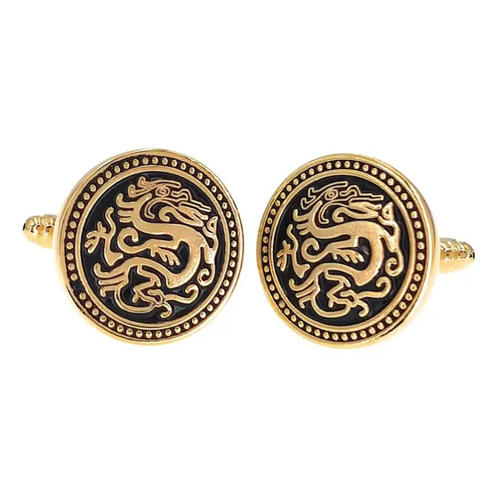 Mancuernillas Thot Ra Figura De Dragon Oriental E-164 Color DORADO con NEGRO