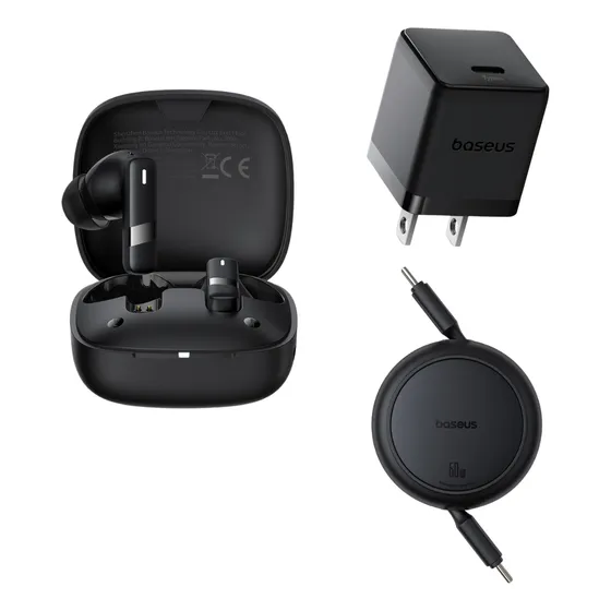 Kit Baseus Audifonos Bluetooth 5.3 Bowie E20 33 Hrs Con El Estuche De Carga 6 Hrs Uso Continuo Cancelación De Ruido + Cubo De Carga Usb Tipo C 30 W + Cable Retráctil Tipo C A Tipo C Carga Rápida