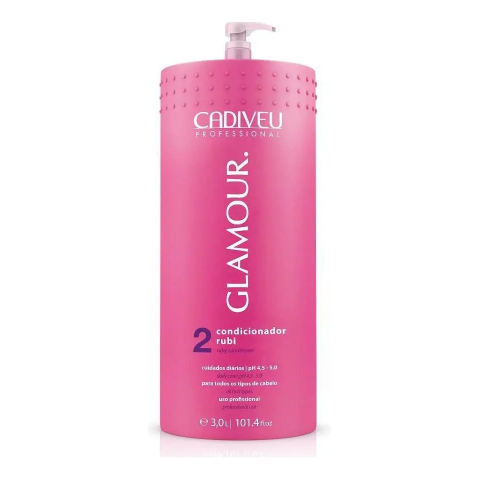 Frasco rosa de 3 litros do condicionador Cadiveu Glamour Rubi com válvula pump
