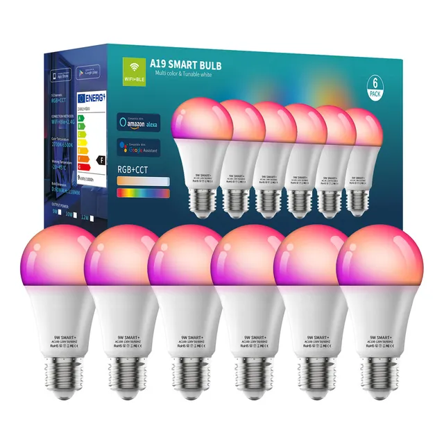 Vanance 6 Focos Led Inteligentes Wifi RGBCW Alexa Google Siri 9W 800LM Música Voz Multicolor 2.4Ghz E26/E27 Smart Bombillas Ajustable 2700-6500k RGB Colore Foco Bluetooth Control De Android IOS APP