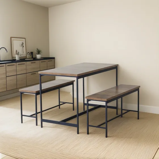 Juego Mesa Comedor Rectangular 110cm 2 Bancos Metal Madera