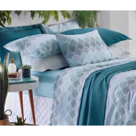 Jogo De Cama Duplo Casal Santista Prata 150 Fios Azul-celeste Geométrico