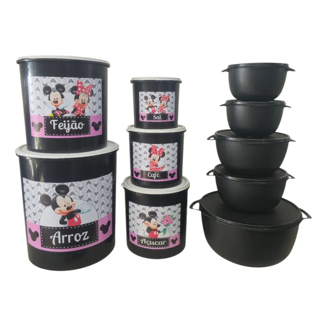 Kit Mantimentos Mickey + Kit Potes Bowl Redondo C/5 Peças