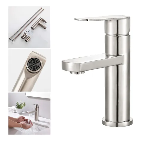 Llave Monomando Grifo Lavamanos Clásica Acero Inoxidable Acabado Mate Color Plateado