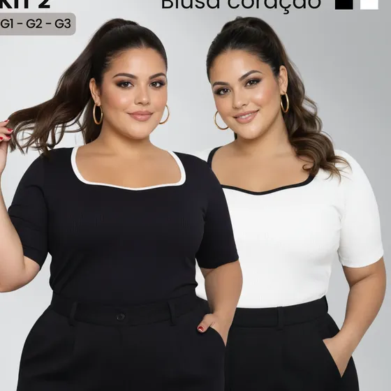 Kit 2 Blusa Plus Size Decote Coração Bicolor Manga Curta