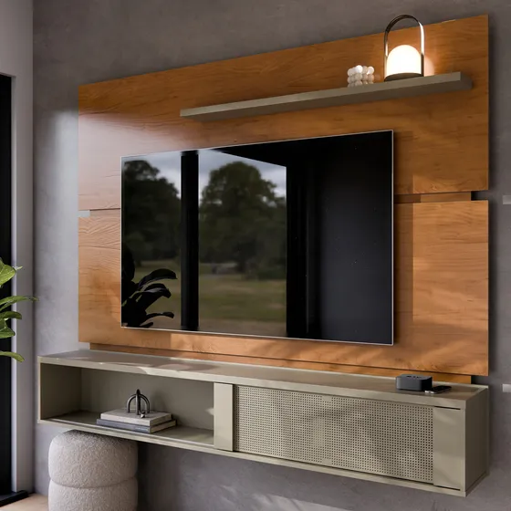 Painel De Parede Suspenso Tv Até 75 Polegadas Para Sala De Estar E Quarto Com Porta E Bancada Cor Cinamomo Grigio