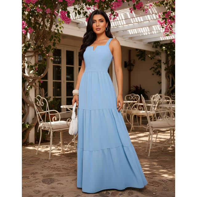 Vestido Longo Luxo Feminino Três Marias Luxo Alça Franzida