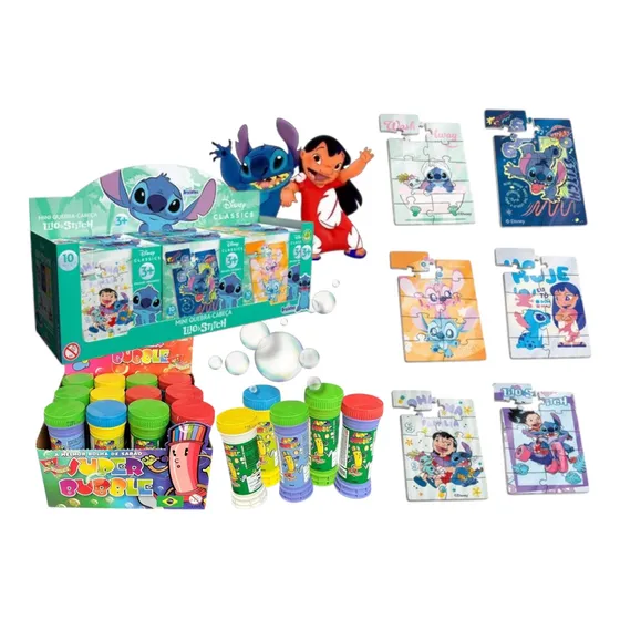 6 Jogo Quebra Cabeça Lilo Stitch Infantil + 6 Bolha De Sabão