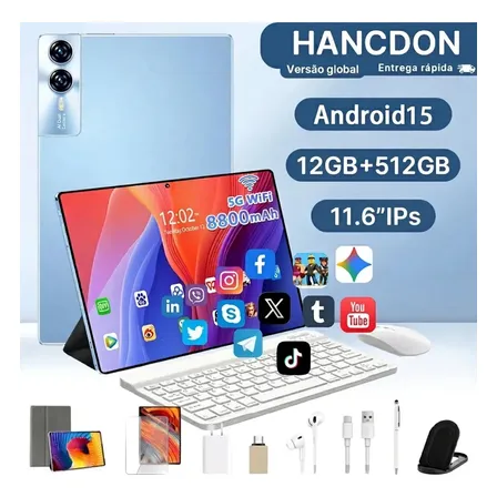 Tablet Tab Hancdon 12gb Ram 512gb 11.6 inch 8800mah Tela360° Android 15 Câmera 48mp + Selfie 24mp Caneta+Bluetooth Teclado Mouse Cor Ciano