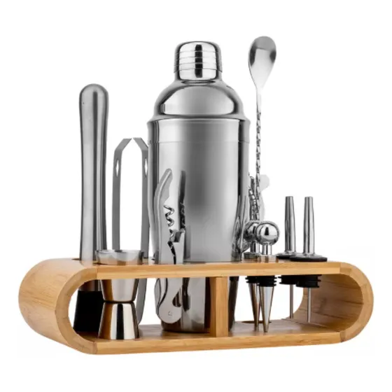 Set De Coctelería Barman 9 Piezas + Base Madera Profesional 