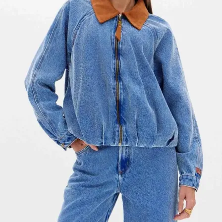 Jaqueta Jeans Bomber Com Gola Azul M