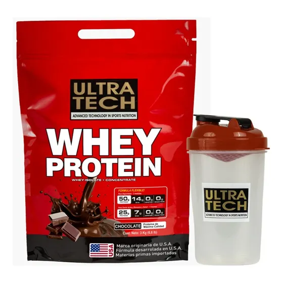 Whey Protein X 3 Kg Ultra Tech + Shaker De Concentrado De Proteína De Suero Sabor Chocolate