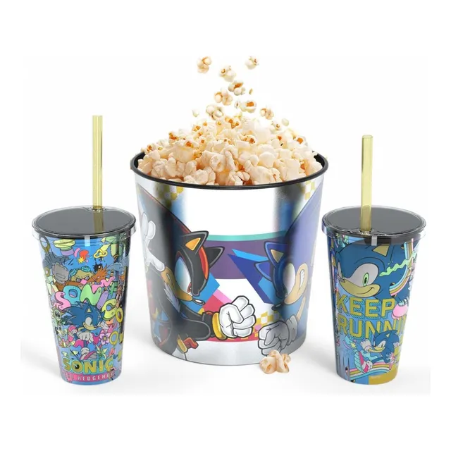 Balde Pipoca Sonic Grande + 2 Copos Canudo 510ml Metalizado
